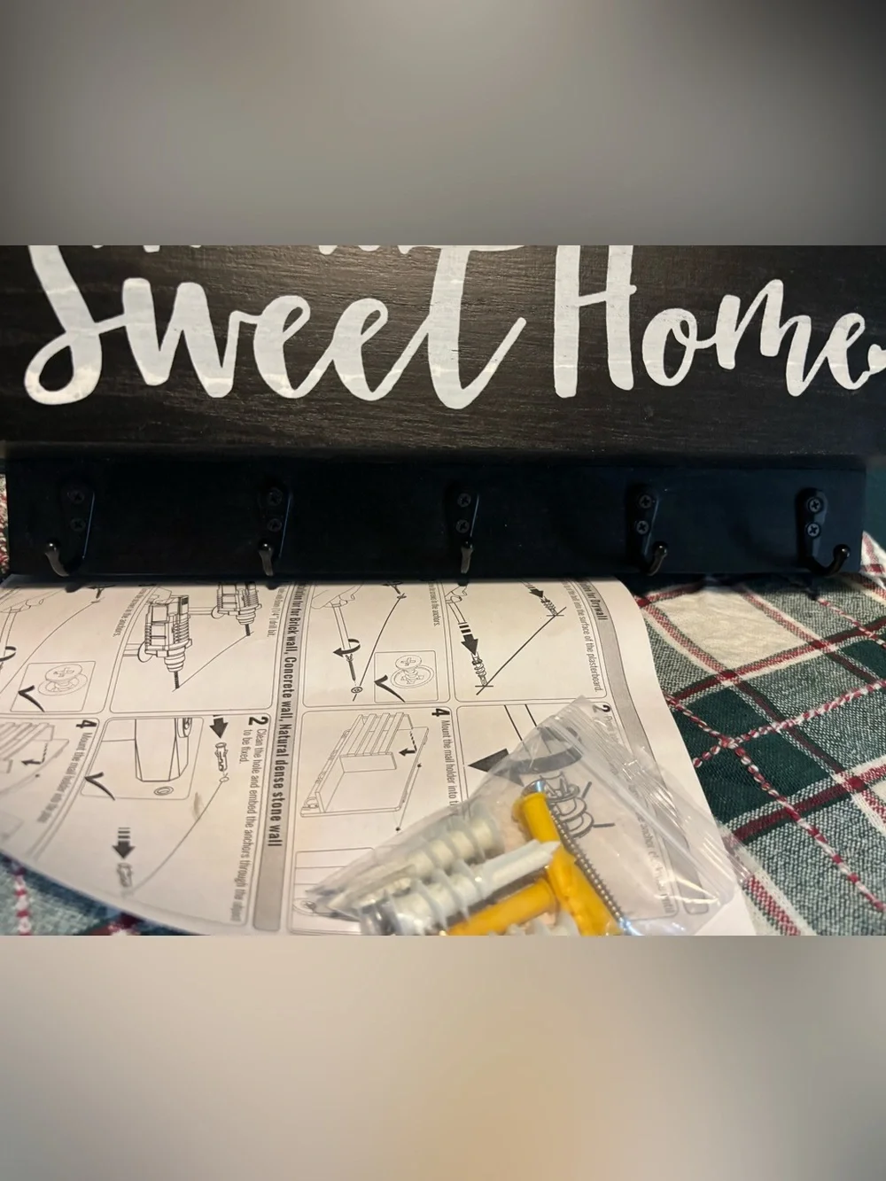 Home Sweet Home Black Wooden Wall Mail/Key Holder with Hooks Hardware Included